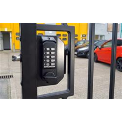 BL3080 ECP, Mini gate lock with knob keypad, inside push/pull pad - Right hand
